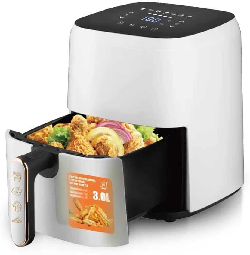 Air Fryer - Friteuse à Air 3L Sans Huile 1300W, Panneau Tactile,Compatible Lave vaisselle, Reduction de Matiere Grasse de 80%,6 modes de cuisson (Blanc)