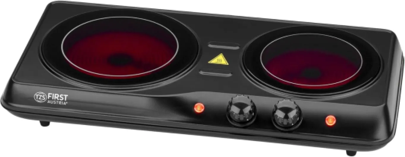 TZS First Austria - Plaque de cuisson double infrarouge vitrocéramique TOUS types de casseroles 2000W - Mini réchaud électrique pour déménagement, camping & maison - Réglage continu & témoin contrôle
