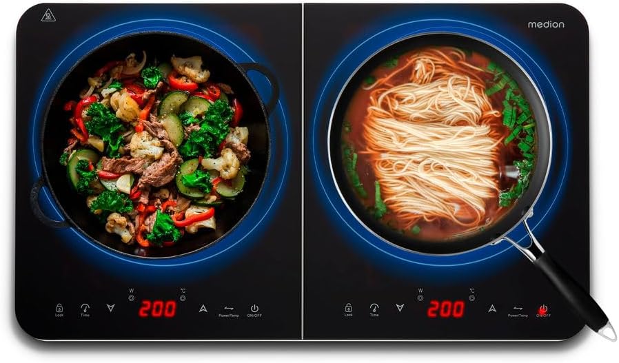 Plaque induction à 2 foyers 3500 Watt, plaque 2 feux avec 10 niveaux de température, plaque de cuisson double avec écran LED, MD18493, noir Double - Commande tactile en haut