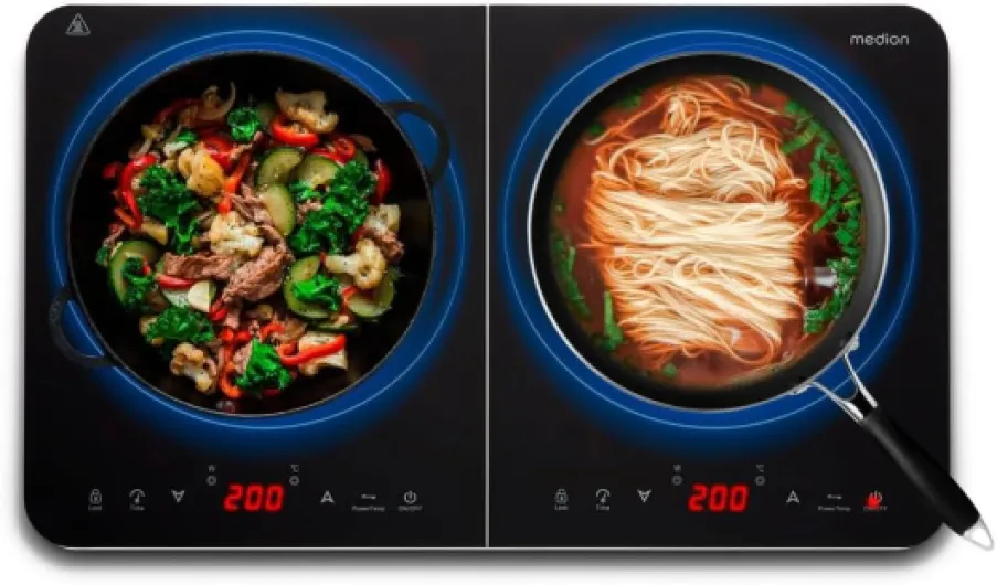 Plaque induction à 2 foyers 3500 Watt, plaque 2 feux avec 10 niveaux de température, plaque de cuisson double avec écran LED, MD18493, noir Double - Commande tactile en haut