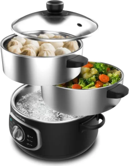 Cuiseur à Vapeur électrique Vapovita 3000 INOX, 3 paniers indépendants, Bol de Cuisson du Riz, Supports de Cuisson des œufs, Minuterie de 60 minutes, 2 Entrées d'Eau Latérales, Gris, 800 W Noir