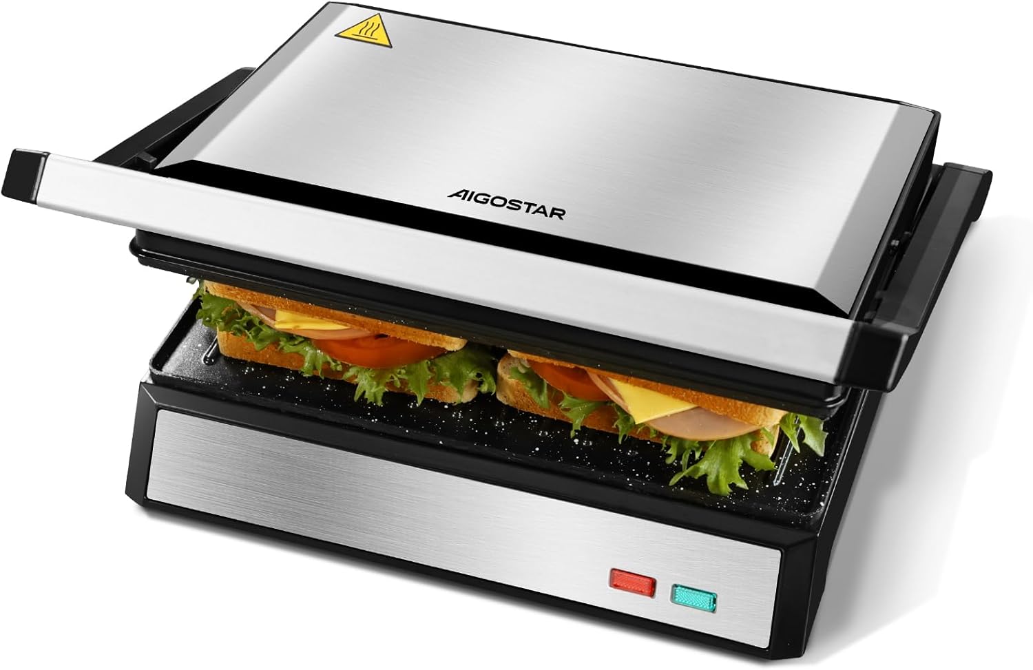 Hett Pro Machine à Panini, Grill Électrique 1500W, Plaque Anti-Adhésive au Revêtement Céramique, Récupérateur de Graisses Amovible, 2 Surfaces de Cuisson 27x17cm, Ouverture à 180°