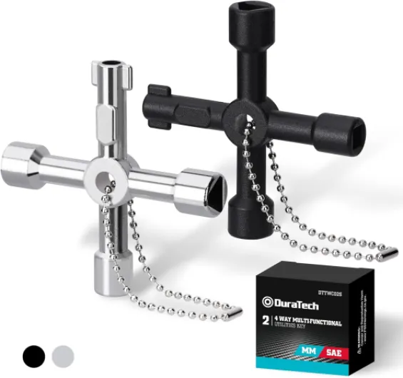 DURATECH Clé Utilitaire Multifonction et Universelle, 4 en 1 Multifonction Croix Clé pour Radiateurs Gaz Électrique, Boîtes de Compteur, Robinet, Serrure, 2 Pièces 2-Pack Noir