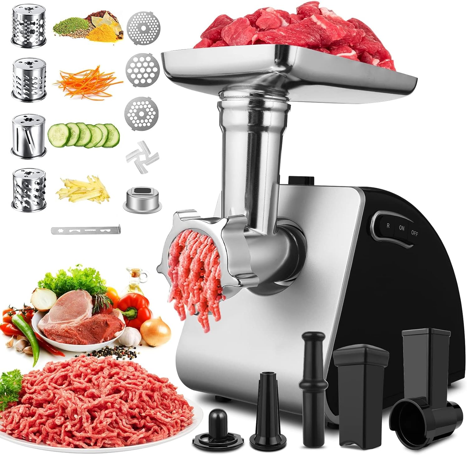 Hachoir à Viande Électrique 2000W, Robot Culinaire 5-en-1 avec 4 Lames, Accessoire à Biscuits, 3 Grilles, Accessoire Kebbeh & Embouts à Saucisses pour Usage Domestique Gris