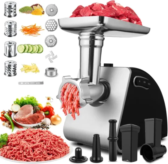 Hachoir à Viande Électrique 2000W, Robot Culinaire 5-en-1 avec 4 Lames, Accessoire à Biscuits, 3 Grilles, Accessoire Kebbeh & Embouts à Saucisses pour Usage Domestique Gris