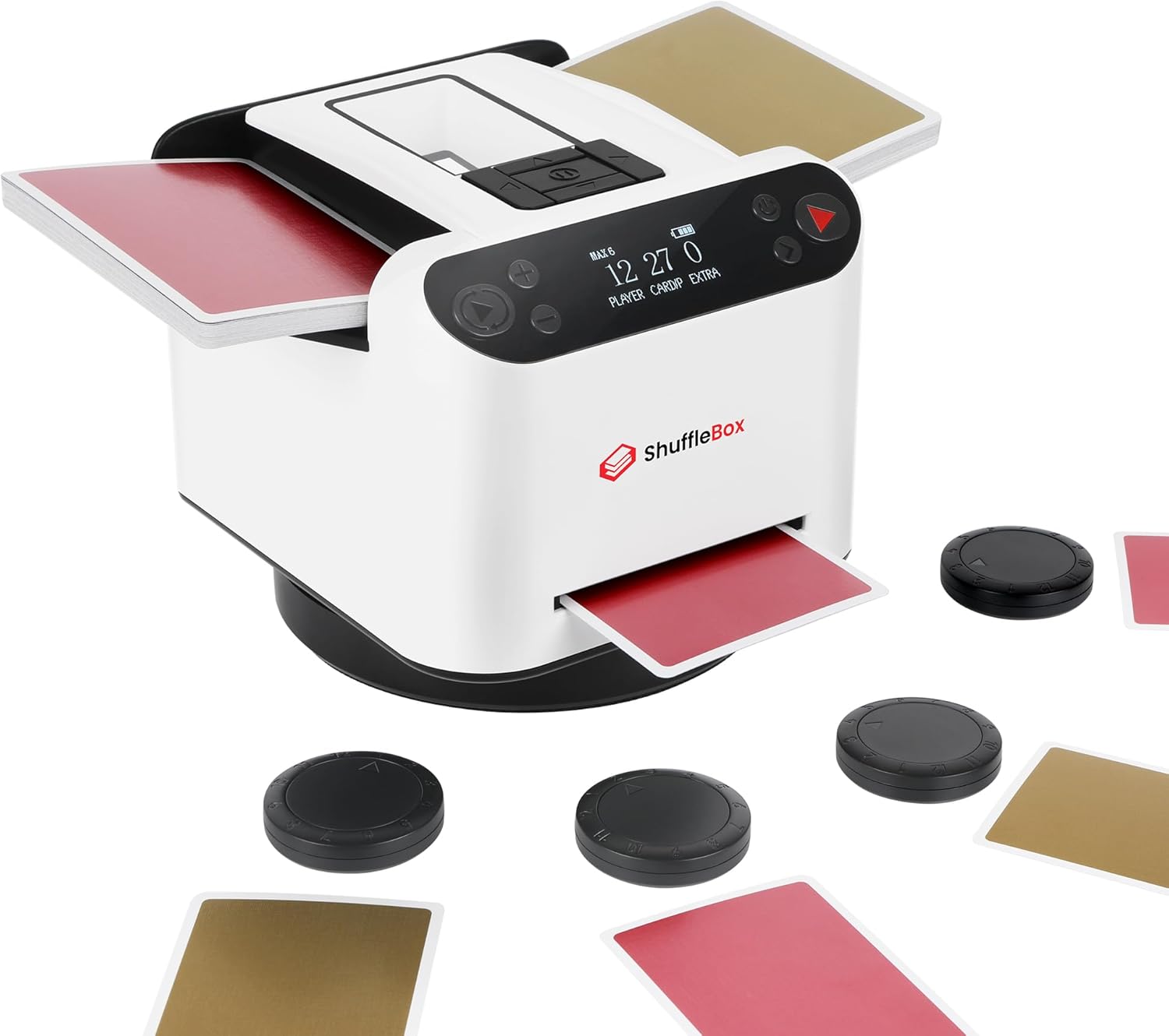 Automatique Mélangeurs de Cartes et Distributeur 2 en1, Ultra Silencieux, Rechargeable, Fonctionne avec UNO, Five Crowns, Monopoly Deal, Bicycle and Maverick Cards (Blanc)