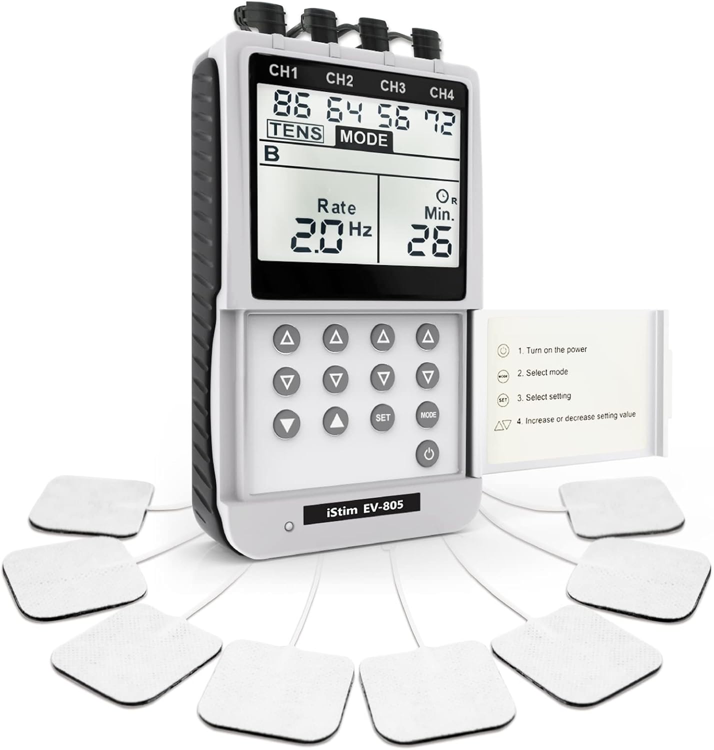 EV-805 Électrostimulateur TENS & EMS – Appareil Digital 4 Canaux avec 16 Électrodes Réutilisables pour Douleur, Rééducation Musculaire et Thérapie Physique