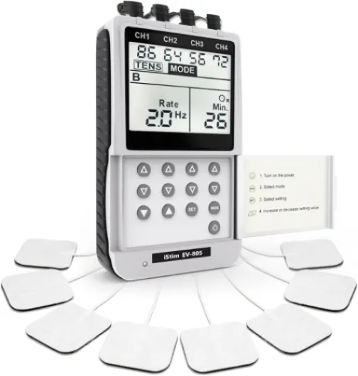 EV-805 Électrostimulateur TENS & EMS – Appareil Digital 4 Canaux avec 16 Électrodes Réutilisables pour Douleur, Rééducation Musculaire et Thérapie Physique