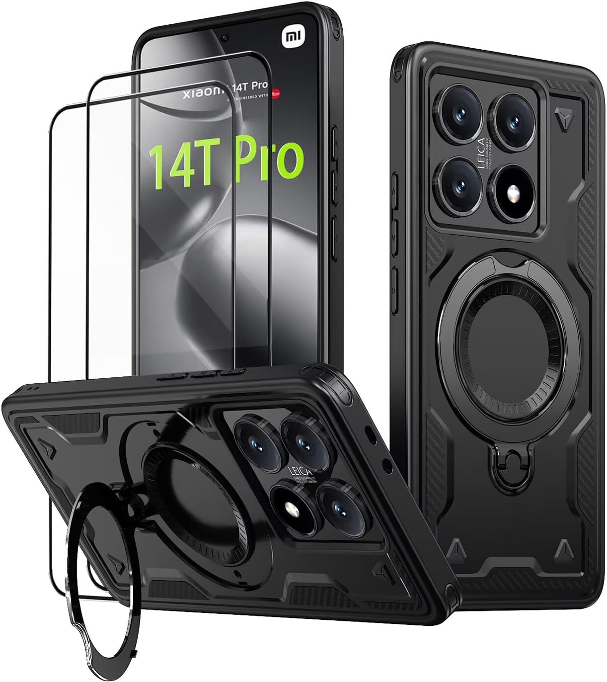 Coque pour Xiaomi 14T Pro/Xiaomi 14T Pro 5G avec Verre Trempé*2, Militaire Etui Antichoc Housse avec Téléphone avec Anneau et Support - Coques Noir Xiaomi 14T Pro / 14T Pro 5G Noir