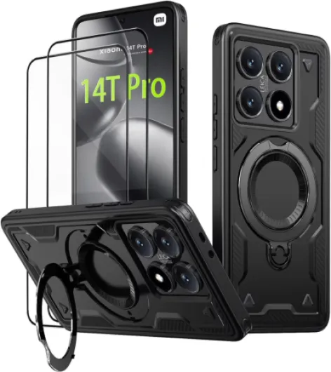 Coque pour Xiaomi 14T Pro/Xiaomi 14T Pro 5G avec Verre Trempé*2, Militaire Etui Antichoc Housse avec Téléphone avec Anneau et Support - Coques Noir Xiaomi 14T Pro / 14T Pro 5G Noir