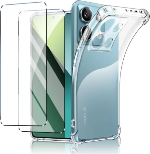 New&Teck Coque pour Xiaomi Redmi Note 13 Pro 5G (Pas pour Note 13 Pro 4G et Note 13 Pro Plus 5G) + 2 Verre Trempé Protection écran, en Transparent Silicone TPU Souple, Bumper avec Coins Renforcés