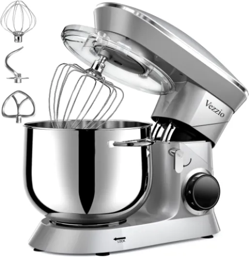 Robot Pâtissier Vezzio Robot Cuisine Multifonctions 8.5L Robot Pâtissier1500W 6 Vitesses Robot Pétrin Professionnel Faible Bruit vec Crochet Pétrin,Batteur plat,Fouet à Fils (Argent)