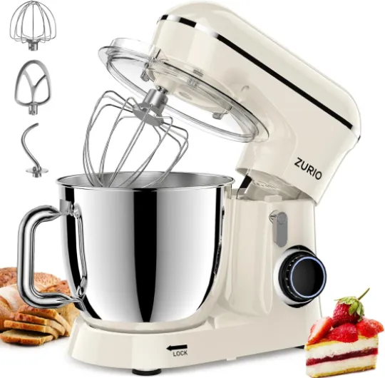 Robot Patissier 1300w Zurio 5.5L Batteurs Et Robots Portable à 10 Vitesses Avec Fonction De Fermentation Silencieuse, Avec Accessoires Crochet à PâTe, Fouet, PéTrin Argent (Cream)