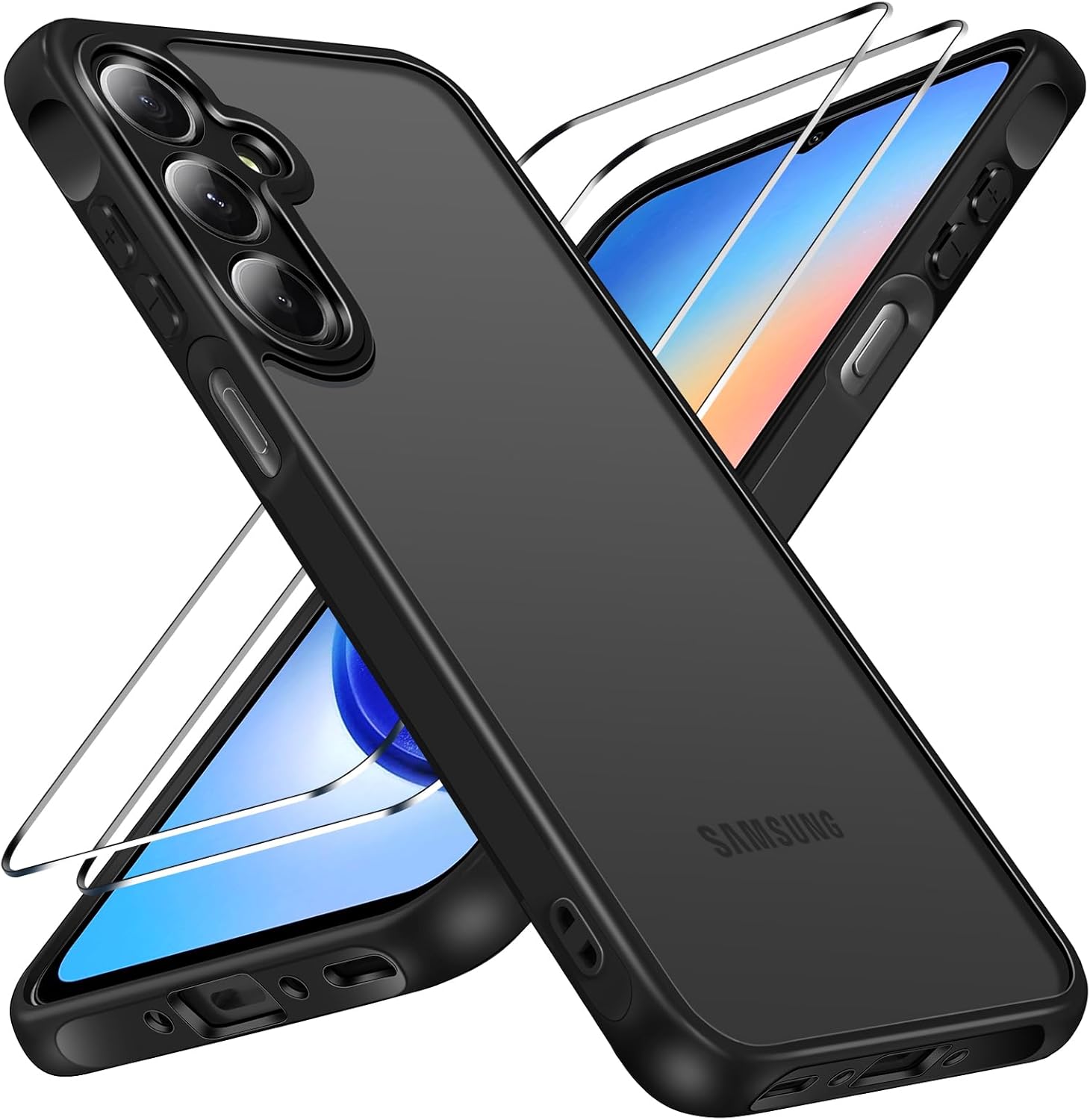 Coque pour Samsung Galaxy A35 5G avec 2 Protections en Verre trempé [Norme Militaire] Antichoc [Protection d'appareil Photo] Coque de téléphone Portable, Dos translucide Mat, Anti-Traces de Samsung Galaxy A35 5G 6.6" Noir