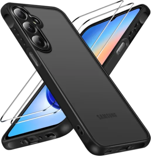 Coque pour Samsung Galaxy A35 5G avec 2 Protections en Verre trempé [Norme Militaire] Antichoc [Protection d'appareil Photo] Coque de téléphone Portable, Dos translucide Mat, Anti-Traces de Samsung Galaxy A35 5G 6.6" Noir