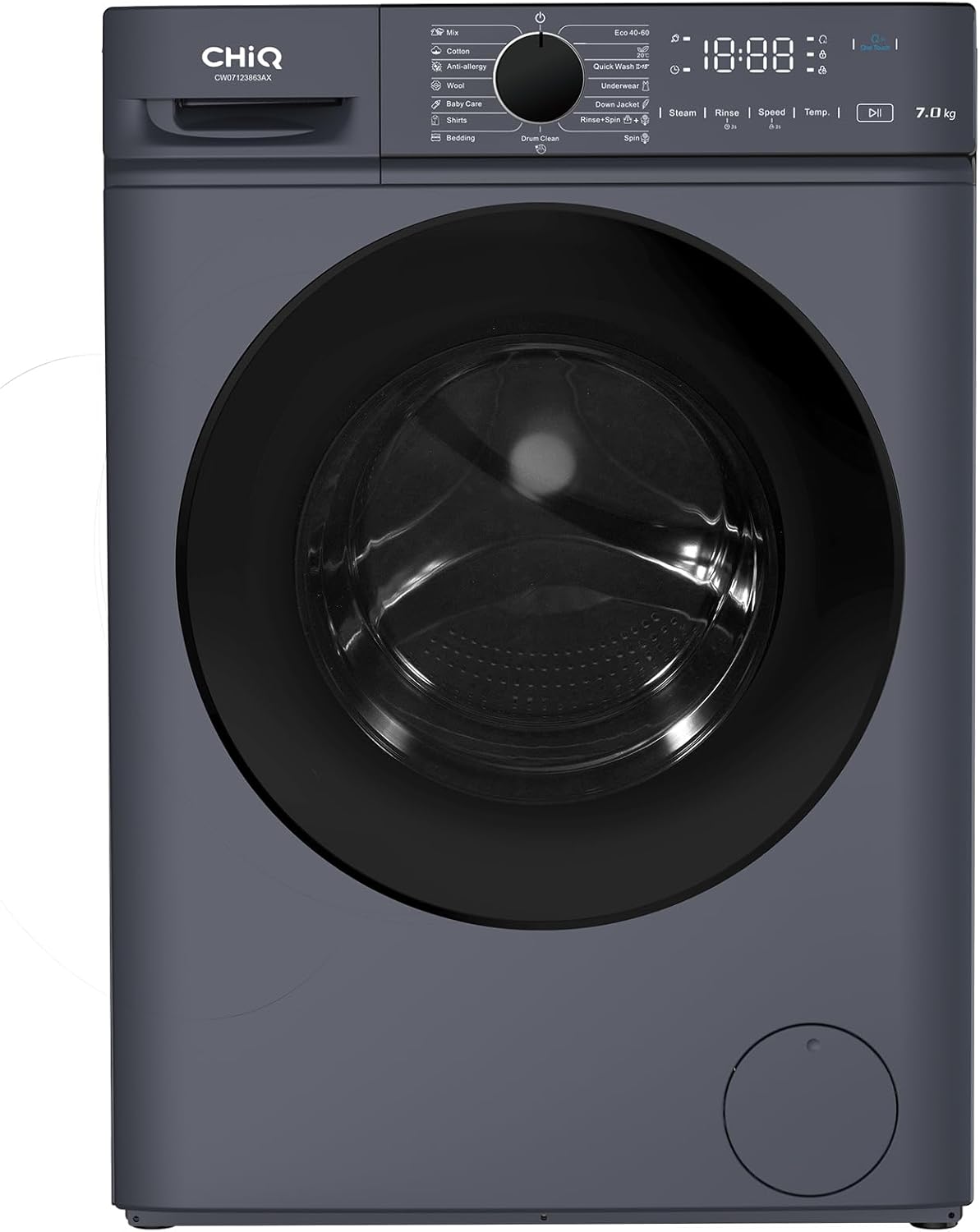 CW07123863AX Lave linge hublot - 7kg, Classe énergétique A, Moteur BLDC 1200 RPM, Lavage vapeur & rapide, 15 programmes, Design compact (60x46.5x84cm) - Gris 7kg-A Gris