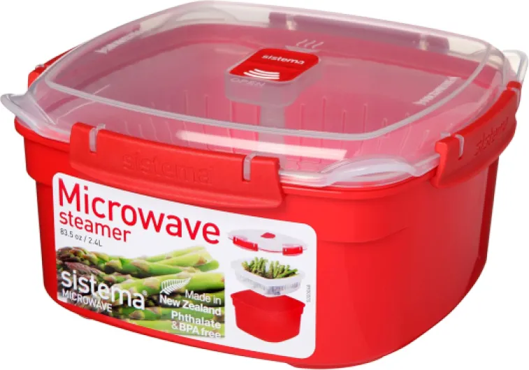 Cuiseur Vapeur Micro-Ondes avec Panier Vapeur - 2.4 L Cuiseur Vapeur Aliments Medium - sans BPA - Rouge/Transparent 2.4L