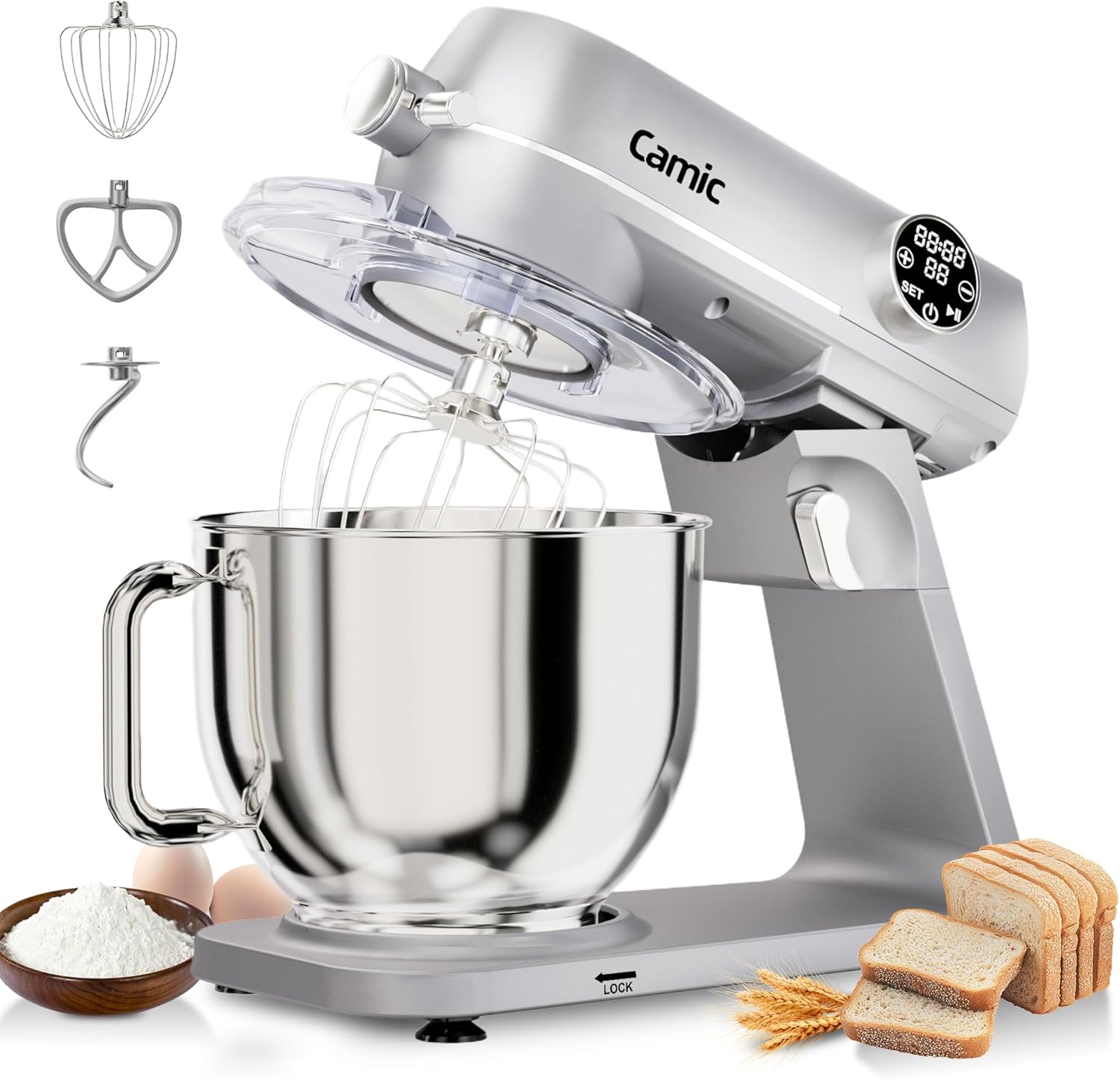 8.45 QT All Metal Stand Mixer,10 Speed Large Capacity Kitchen Mixer with Digital Timer & Tilt-Head, Electric Mixer with Whisk Dough Hook Mixing Beater for Baking,Cakes,Cookie,Bread,Salad(Silver)