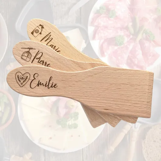 Spatule à raclette en bois personnalisable - Lot de 3 pièces - Bois Français - Motifs et prénom au choix