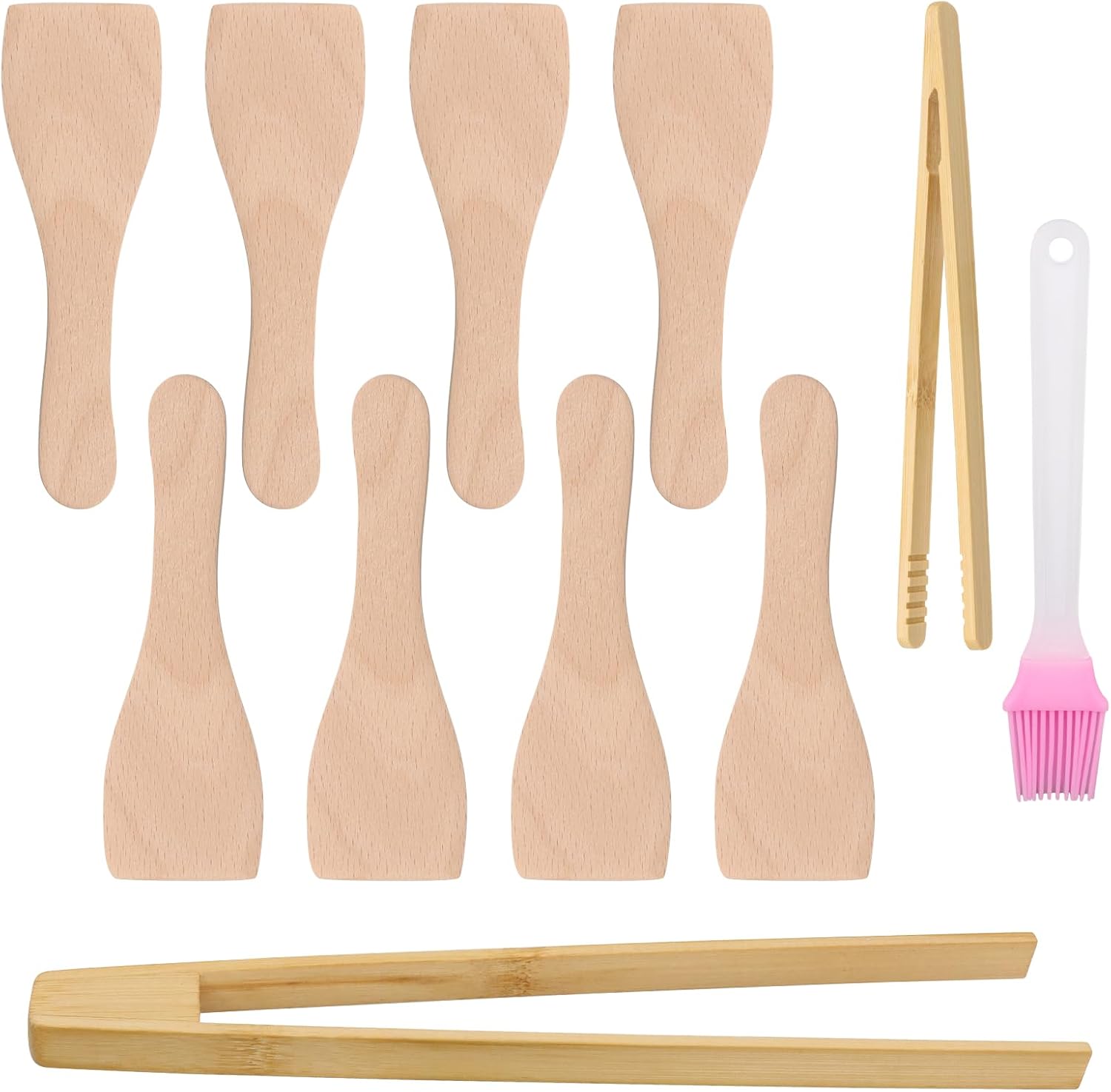 8 PCS Spatule Raclette Bois, Spatule Cuisine Raclette avec 2 PCS Pince en Bois Pince Grille Pain et 1 Brosse à Graisse, Ustensiles de Cuisine