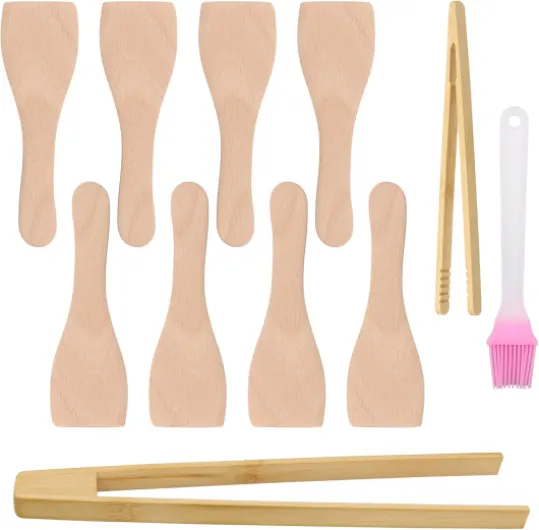 8 PCS Spatule Raclette Bois, Spatule Cuisine Raclette avec 2 PCS Pince en Bois Pince Grille Pain et 1 Brosse à Graisse, Ustensiles de Cuisine