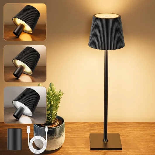 Lampe de Table Sans Fil, Lampes de Table LED Tactile avec USB-C et Bouchon de Bouteille, Lampe de Table Batterie Rechargeable pour Restaurant, Chambre, Camping, L'extérieur, Noir 1 Pièce Noir Style Plissé