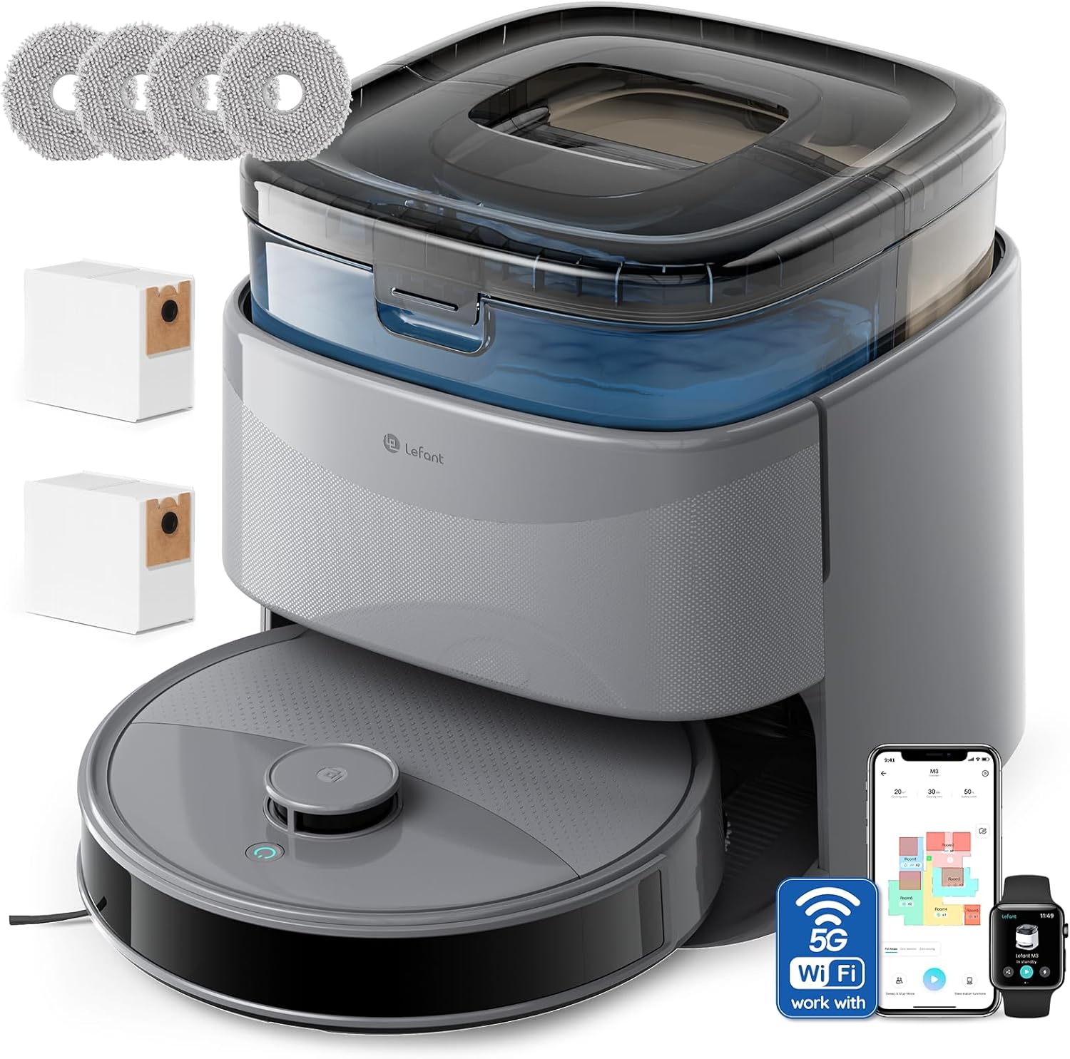 M3 Max Robot Aspirateur Laveur 20 000 Pa, Station Multifonctionnelle, Double Serpillière Rotative 200 TR/Min & Relevable 9mm, Navigation dToF, Évitement d'obstacles PSD, 220min