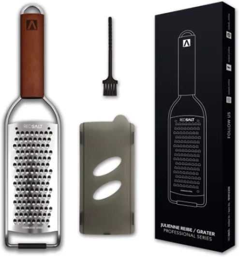 REDSALT® premium râpe à Julienne INOX avec manche en bois - idéale pour le fromage parmesan - légumes carottes pommes de terre courgettes céleri - fruit pomme poire - trancheuse professionnelle râpe Julienne