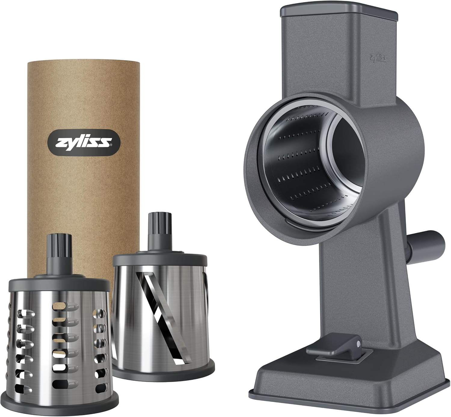 Zyliss Râpe à fromage rotative en aluminium, 3 lames en acier, fromage, légumes, chocolat, noix, fruits avec poignée, pied ventouse antidérapant et pince de table, garantie 5 ans Set râpe à tambour rotative