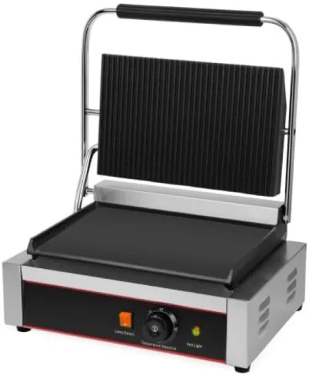 Grill Contact Électrique Panini 2200W – Plaques Large 340 x 230 mm – Supérieure Rainurée/Inférieure Lisse – Température 0 à 300°C – Bac Graisse Inox – Inox – 230V – Pour Viande, Sandwich, Snack