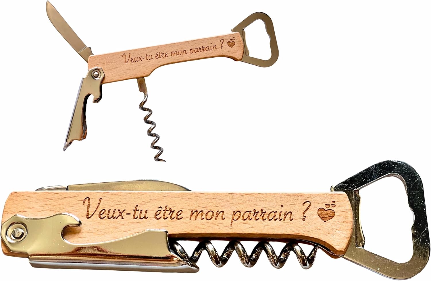 3 en 1 Tire-Bouchon & Décapsuleur -Cadeau Demande Parrain – Tire-Bouchon Personnalisé en Bois – Gravé 'Veux-tu être mon parrain ?' – Ouvre-Bouteille Original (Veux-tu être mon parrain?)