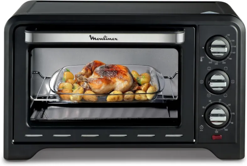 Four électrique posable 19 L, Compact, chaleur tournante, 6 modes de cuisson, Thermostat réglable jusqu’à 240°C, Minuteur 120 min, Grille réversible, Lèche frites, Optimo noir OX444810 19L Noir
