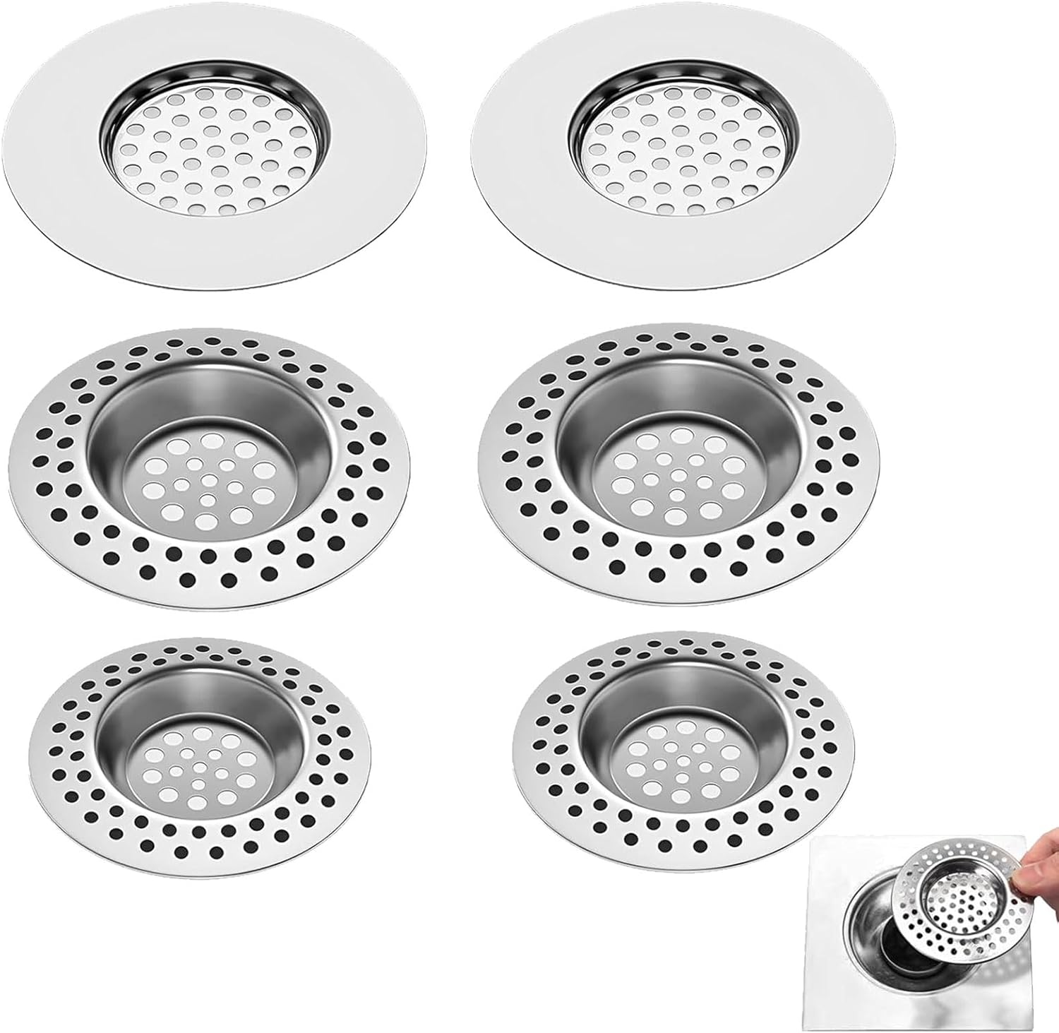 6 Pcs Filtre Evier Cuisine,Filtre Cheveux Douche,Filtre Cheveux Baignoire,Grille Evier Cuisine,FiltreLavabo,Anti-Obstruction Tamis Lavabo en INOX pour Salle de Bain/Cuisine - 3 Tailles
