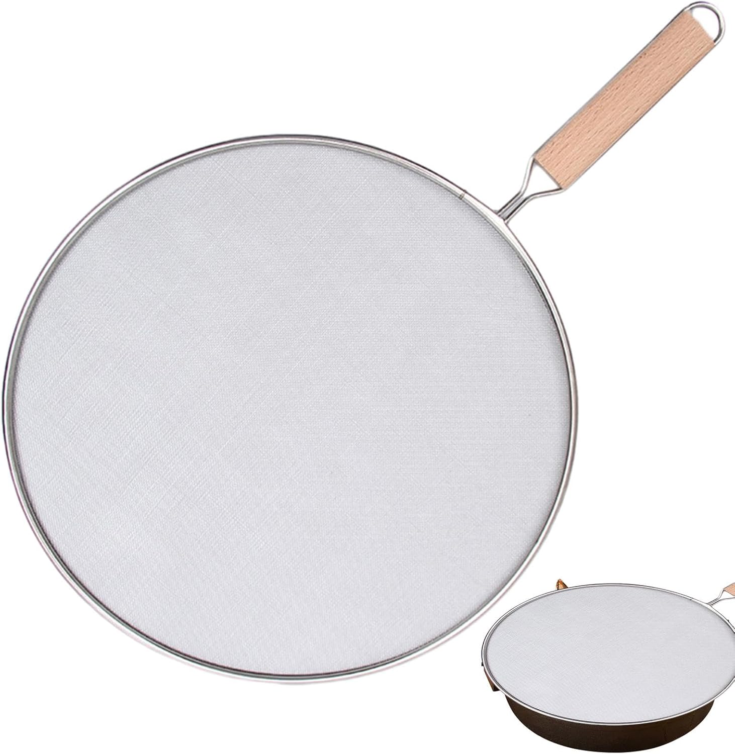 Grille Anti Éclaboussures Poele - 25 CM Anti Éclaboussures Air Fryer,Protection Anti-éclaboussures pour Poele,Grille Anti Graisse avec Manche en Bois,Grille De Protection Contre De Graisse, 25cm