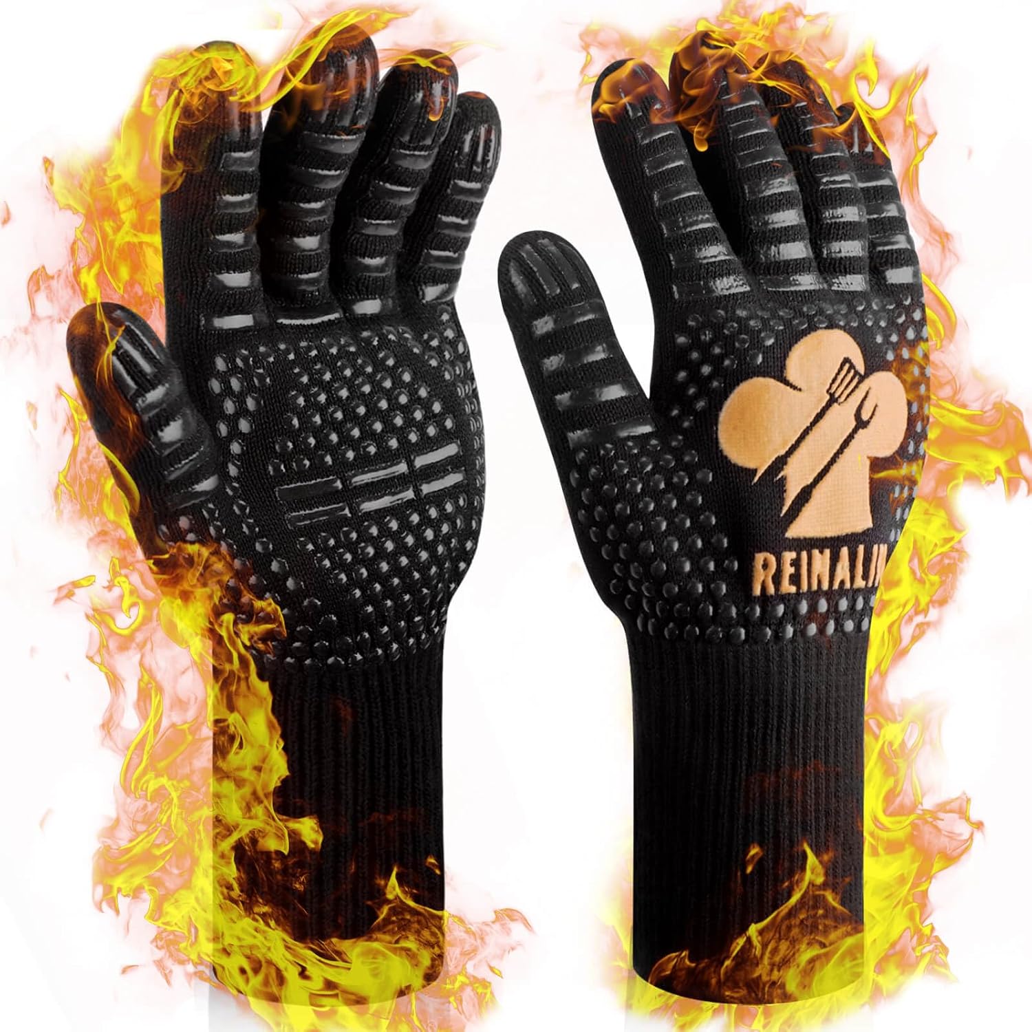 Gants de Barbecue, Gants de Four Résistant à la Chaleur jusqu'à 800 °C Gants de Gril de Cuisson en Silicone Antidérapants (S/M, Gold) S/M Gold