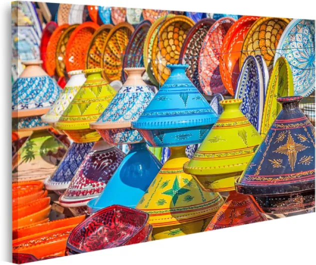Islandburner Tableau sur toile Tajine en céramique colorée sur un marché au Maroc Images murales Poster Leinwand 80x40cm