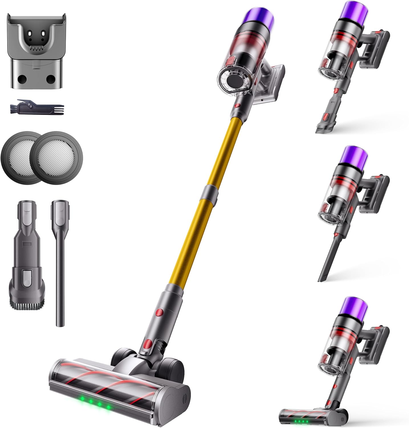 X7 Aspirateur Balai sans Fil 55Kpa/600W/80Min, Aspirateur sans Fil Puissant avec Écran Intelligent, Brosse Anti-Emmêlement, Recharge Murale, pour Tapis, Poils Animaux, Sols Durs et Voiture Doré