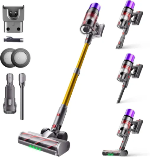 X7 Aspirateur Balai sans Fil 55Kpa/600W/80Min, Aspirateur sans Fil Puissant avec Écran Intelligent, Brosse Anti-Emmêlement, Recharge Murale, pour Tapis, Poils Animaux, Sols Durs et Voiture Doré