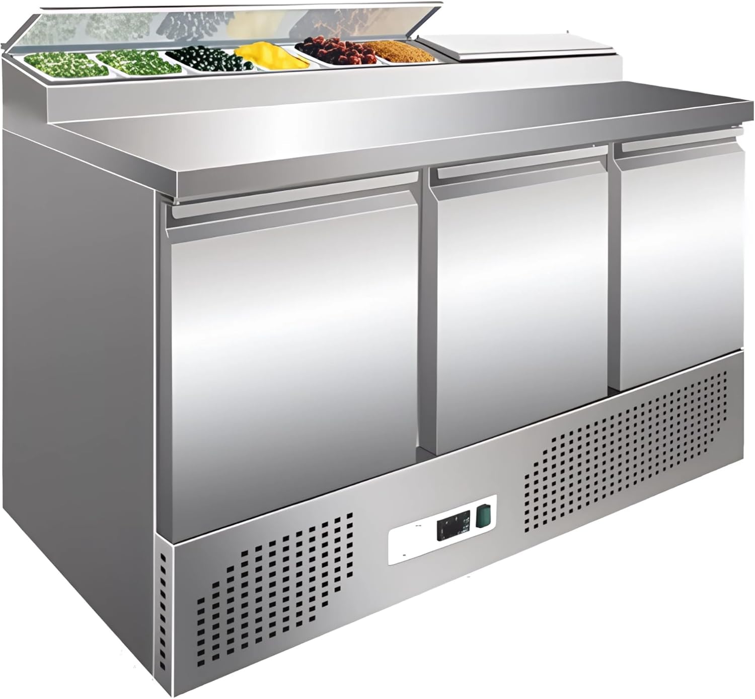 Saladette Réfrigérée 3 Portes GN 1/1 – Top à Ingrédients GN 1/6 – 392L – Température -2°C à +8°C – Acier Inox – Idéale pour Pizzerias, Sandwichs et Restaurants Rapides
