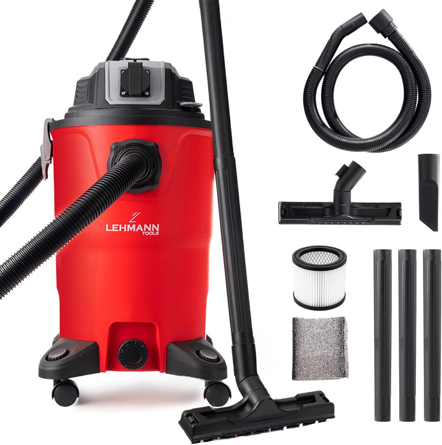 Aspirateur Industriel sans Sac 30L - Aspirateur Eau et Poussière avec Prise 2000W - Fonction soufflage - Double Système Filtration avec HEPA - Secoueur de Filtre - pour Atelier et Chantier Rouge 30 L