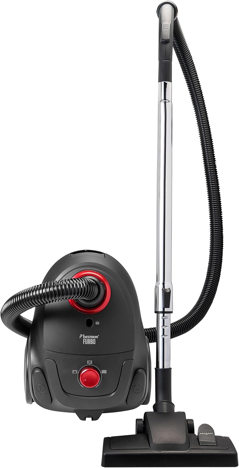 Aspirateur avec sac, aspirateur de sol avec 3 sacs à poussière, manche télescopique de 94cm et suceur de sol commutable, rayon d'action de 7.5m, filtre HEPA12 et microfiltre lavable,Rouge,Noir Rouge/Noir