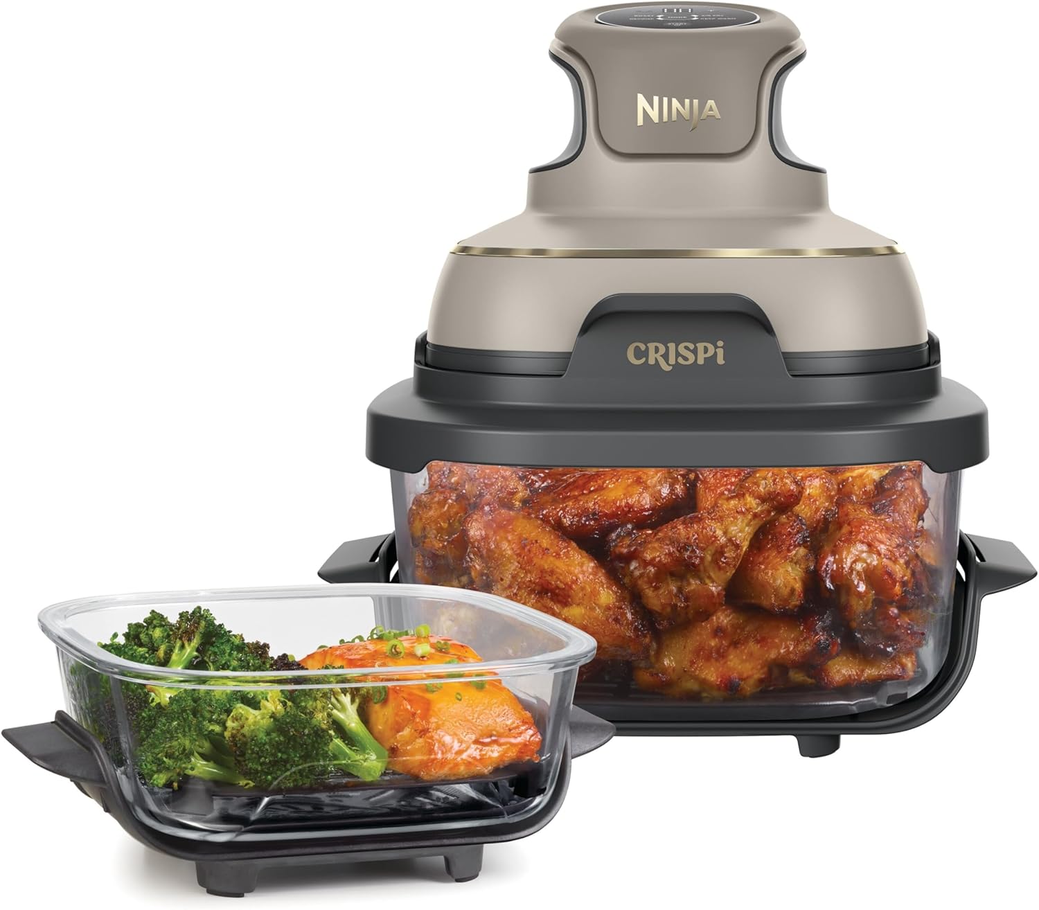 CRISPi Air Fryer Design Compact, 2 Capacités Interchangeables en Verre avec Couvercles, Capacité 3,8L ou 1,4L, 4-en-1, Pièces Amovibles lavables au lave-vaisselle, Stone/Or FN101EUSTGD Stone Or