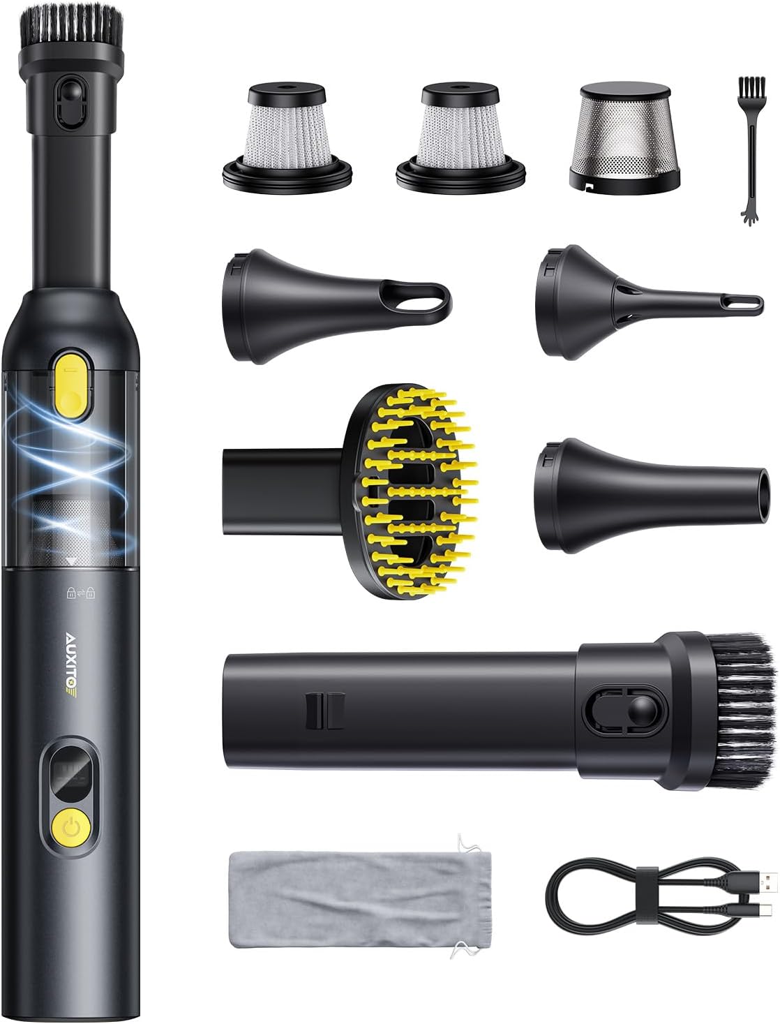 AUXITO Aspirateur a Main sans Fil - Aspirateur Voiture Puissant 24000pa,4-in-1 Mini Aspirateur de Voiture avec Outil pour Animaux, Charge Rapide USB-C,Idéal pour Voiture, Maison, Bureau, Cuisine Noir