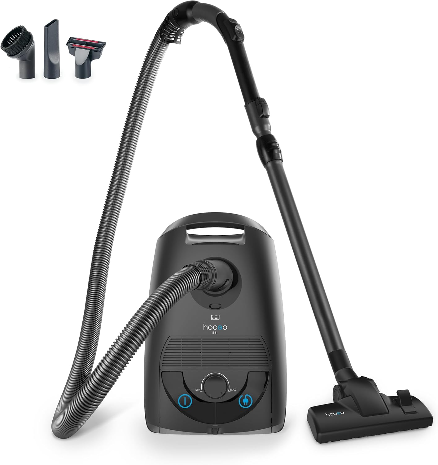 Hoogo B3+ Aspirateur Graphite avec Sac - Puissance d'aspiration Forte de 850 W - Filtre HEPA 14 - Rayon de 11m - Seulement 74 db(A) - Capacité de 3 L - Différentes buses de sol B3 + Anthracite