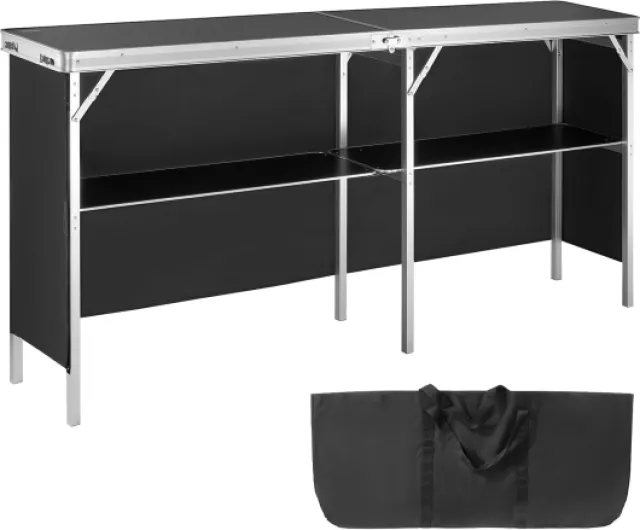 Comptoir de Stand Foire Salon 195x38,5x88 cm Table de Bar Pliante Extra Longue et Portable avec Sac de Transport Étagère de Rangement et Jupe Noire pour Fête Pique-nique Exposition Commerciale