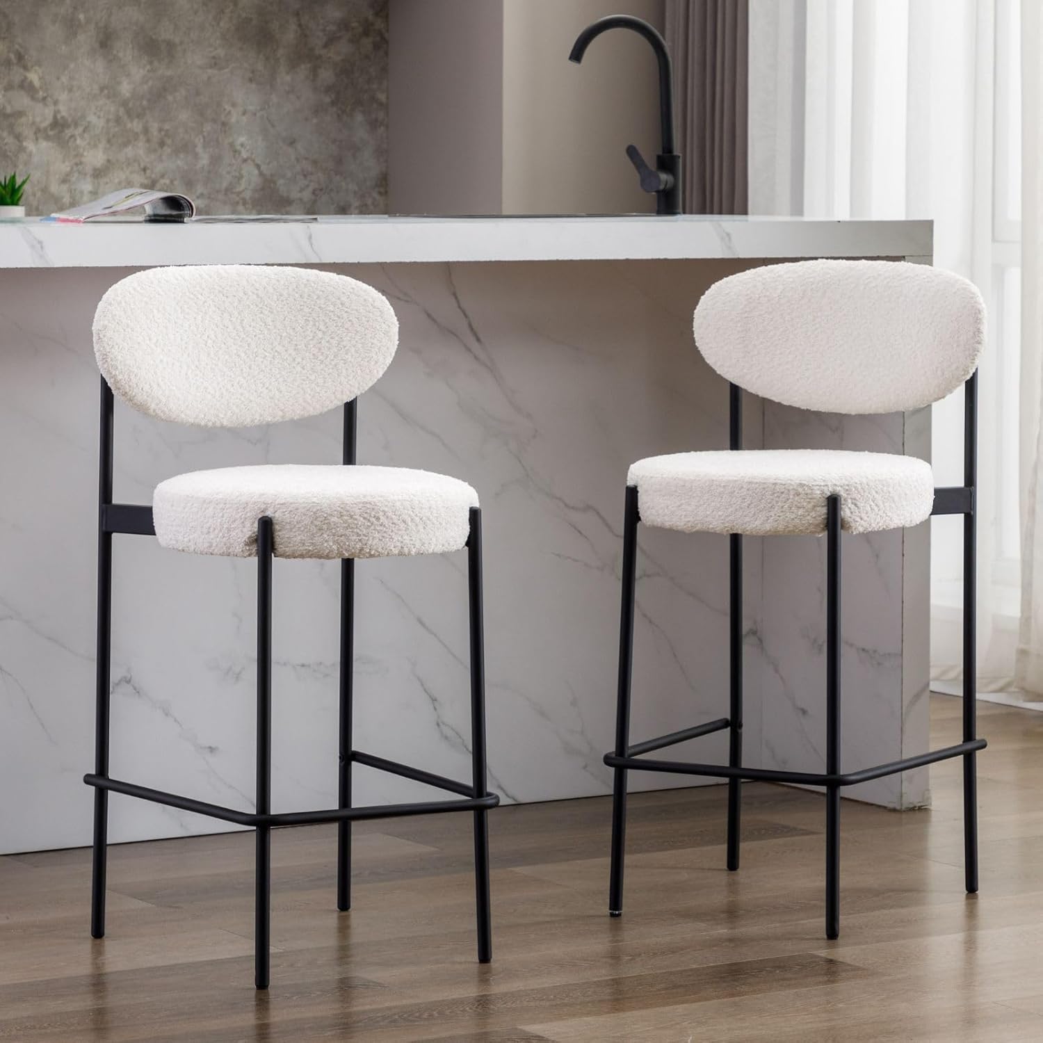 Lot de 2 Tabourets de Bar de Cuisine Tabourets de Comptoir de Déjeuner en Fausse Fourrure avec Cadre en Métal (Blanc)