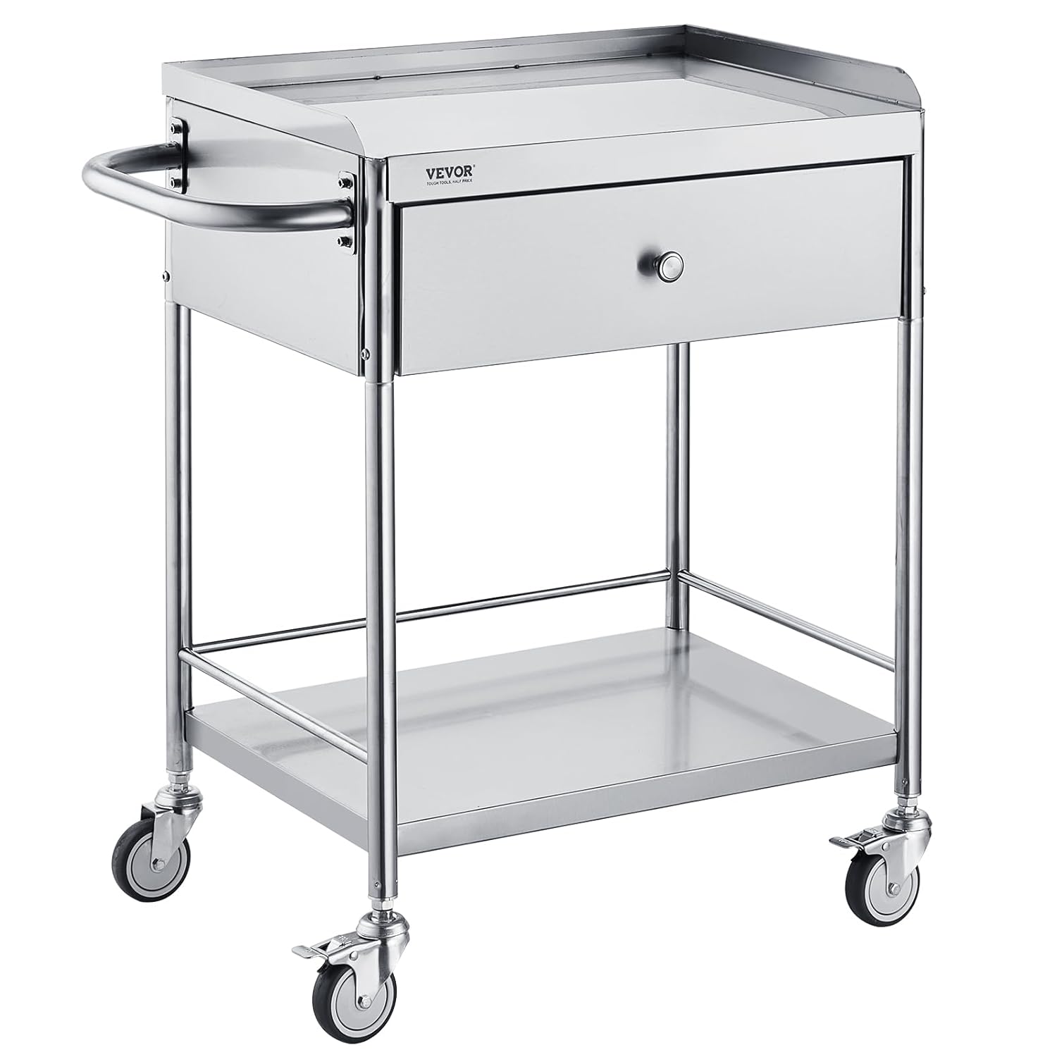 Chariot de Laboratoire à 2 Étages Chariot à Service Médical 71x42x78,5 cm Desserte en Inox avec Tiroir Charge 100 kg Déplacement Silencieux pour Rangement Clinique Cuisine Hôtel Salon de Beauté