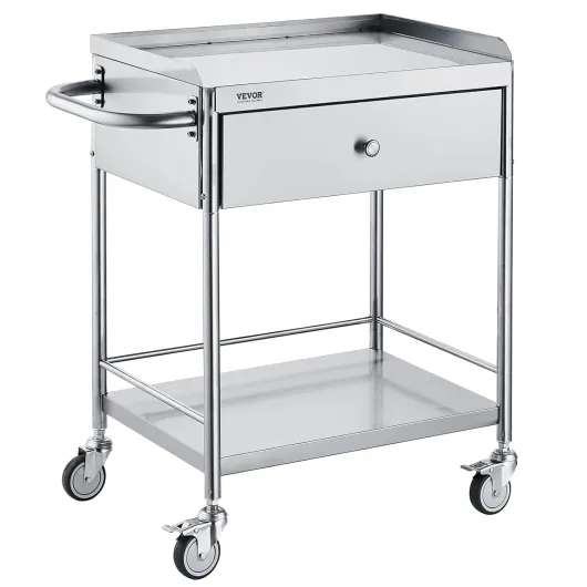 Chariot de Laboratoire à 2 Étages Chariot à Service Médical 71x42x78,5 cm Desserte en Inox avec Tiroir Charge 100 kg Déplacement Silencieux pour Rangement Clinique Cuisine Hôtel Salon de Beauté
