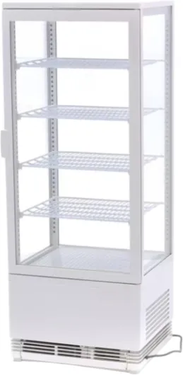 Générique Mini Vitrine Réfrigérée 98L – 4 Faces Vitrées – Froid Ventilé – Température 0/+12°C – Éclairage LED – Disponible en Noir ou Blanc – Idéale pour Boissons, Pâtisseries et Snacks (Blanc)