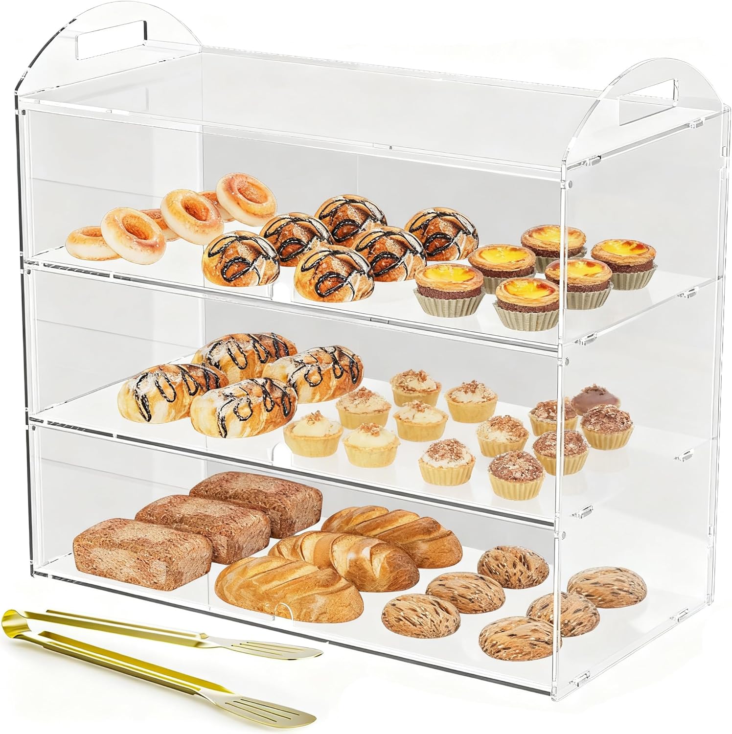 Vitrine commerciale à 3 niveaux avec poignée, 49,5 x 38 x 26 cm, présentoir pour comptoir, pâtisserie, nourriture, pâtisserie, pain, dessert, biscuits
